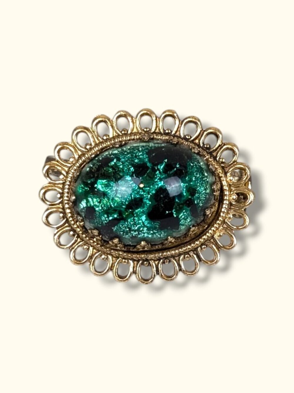 Vintage Green Metallic Foil Glass Brooch